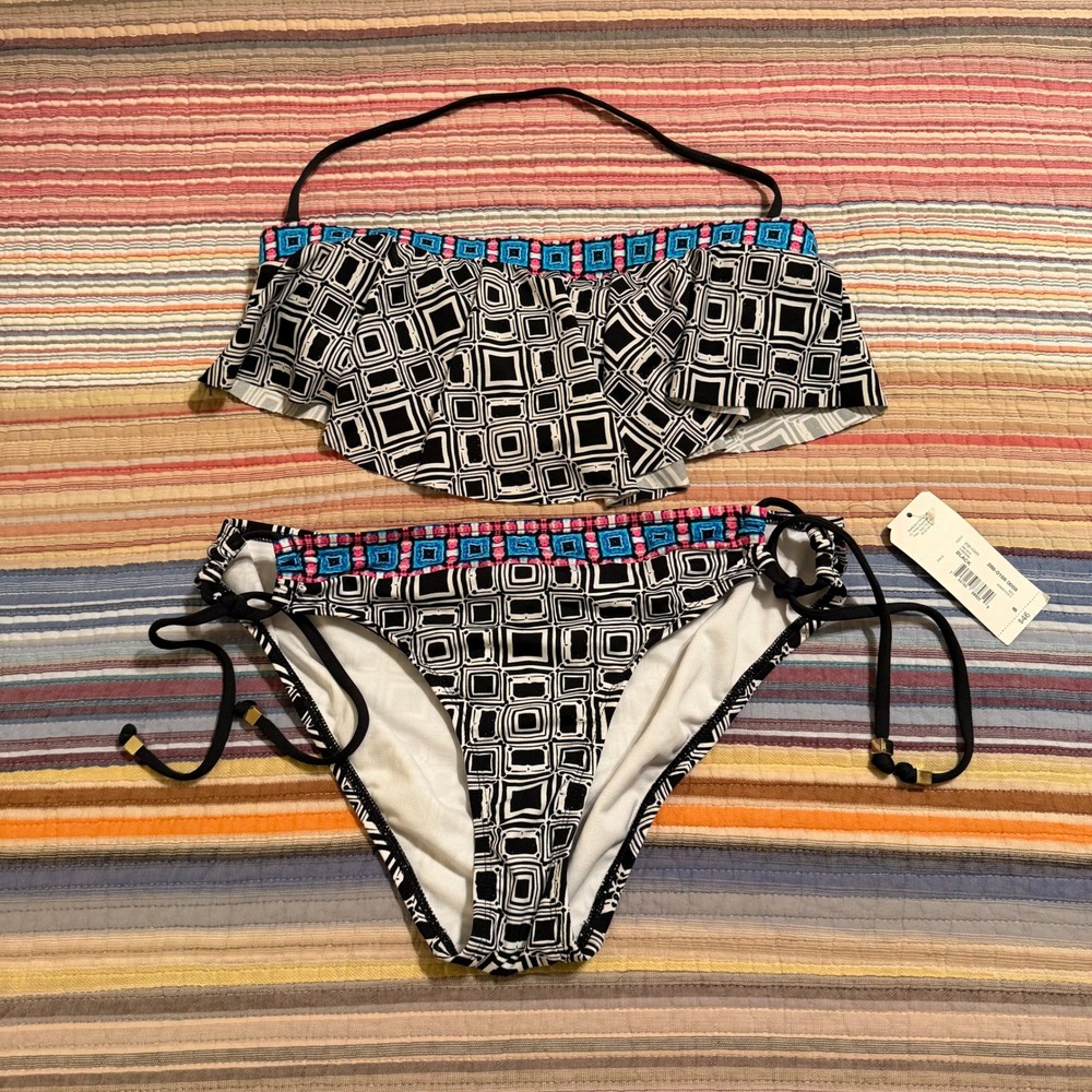 a.n.a Geometric Ruffle Bandeau Bikini Set Black White Pink Blue Sz 4 Top 8 Btm